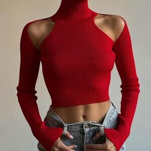 Red Cut-Out Turtleneck Sweater
